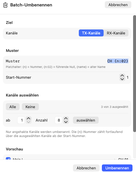 Dialog Batch-Umbenennen mit Ziel, Muster, Startnummer, Kanalauswahl und Vorschau