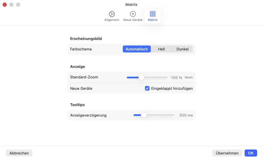 Einstellungen, Reiter Matrix, mit Farbschema, Standard-Zoom und Tooltip-Verzögerung