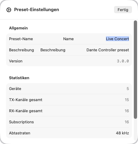 Preset-Einstellungen mit Name, Beschreibung, Version und Statistiken