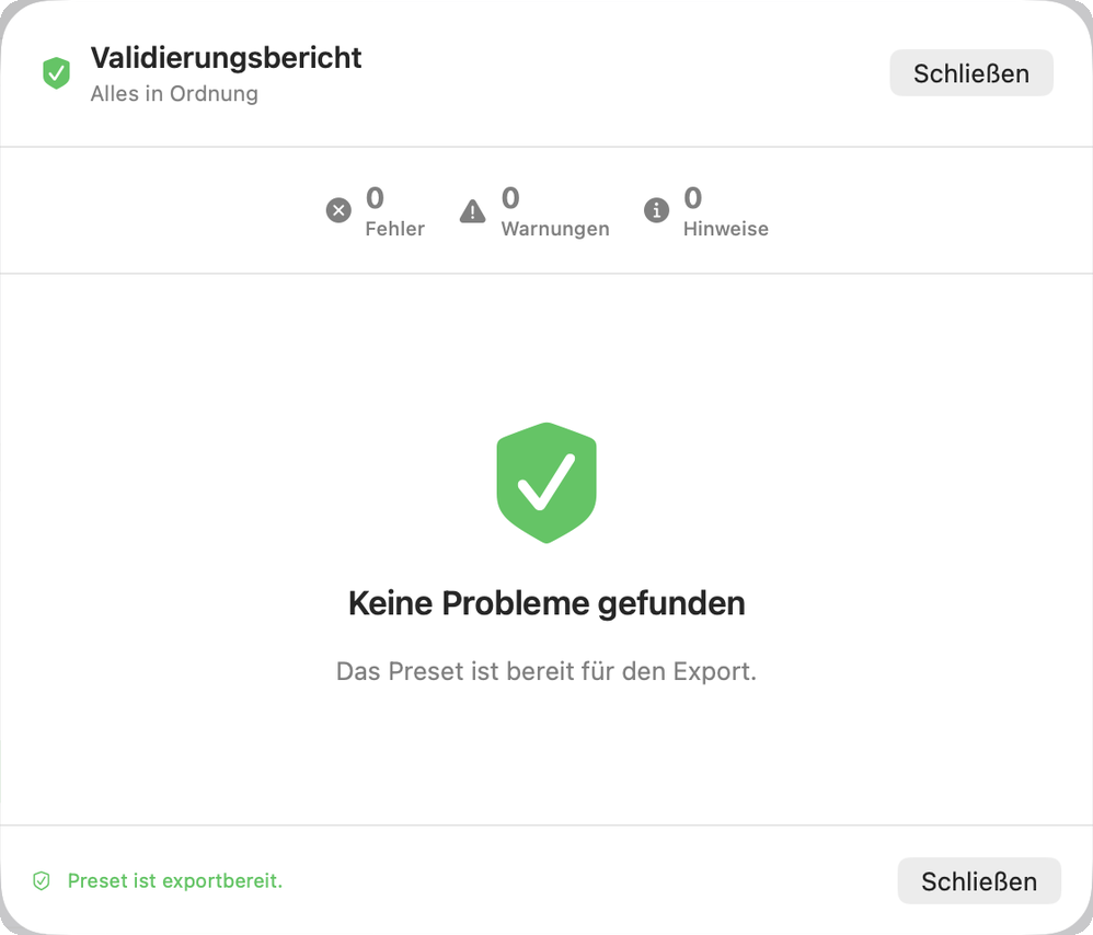 Validierungsbericht mit nach Schwere getrennten Funden und Gesamturteil