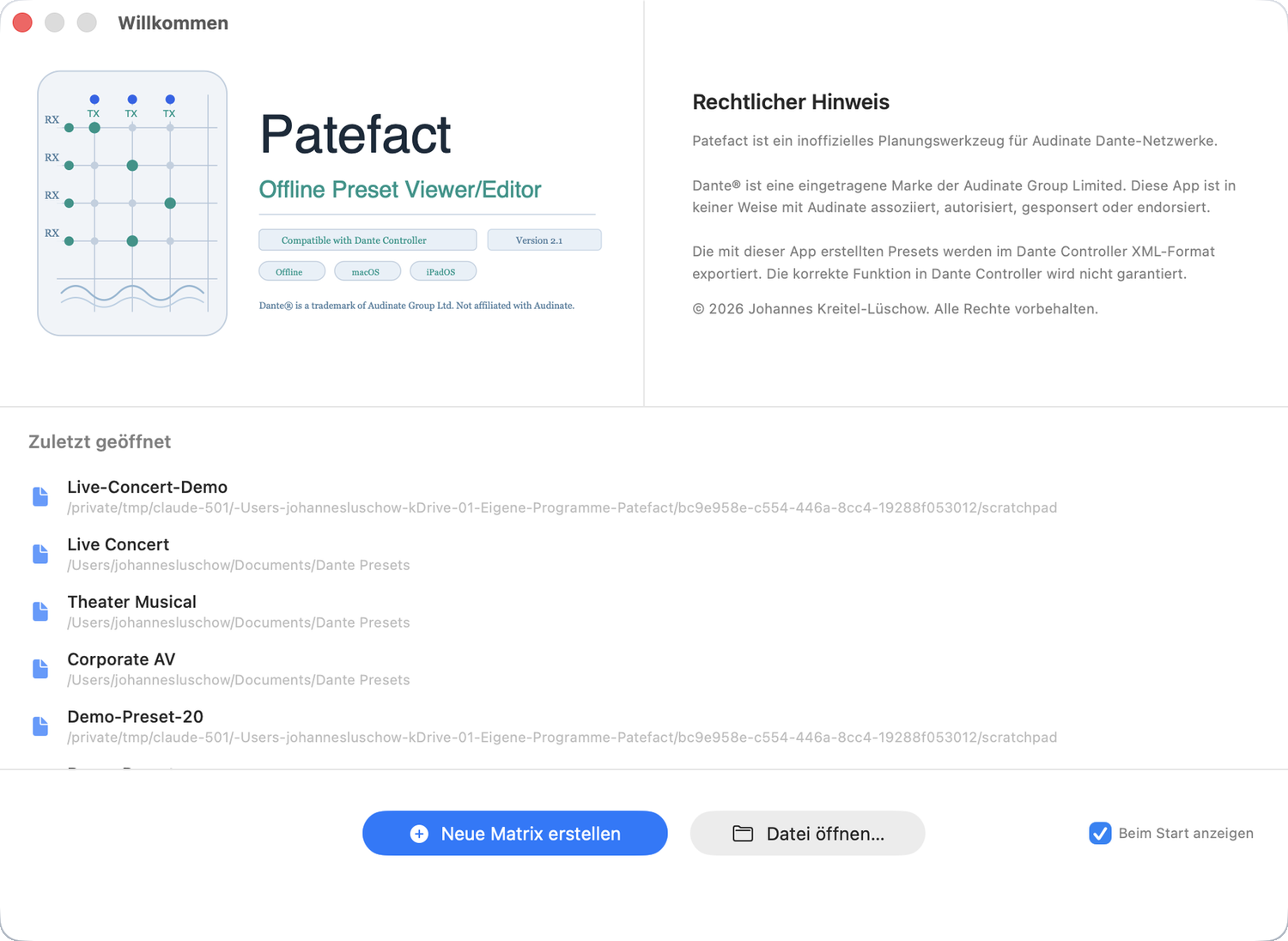 Willkommensfenster von Patefact mit der Liste zuletzt geöffneter Presets